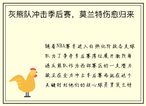 灰熊队冲击季后赛，莫兰特伤愈归来