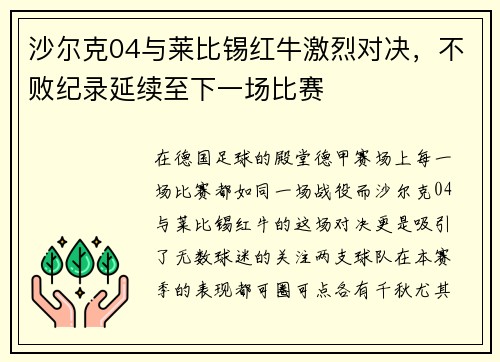 沙尔克04与莱比锡红牛激烈对决，不败纪录延续至下一场比赛